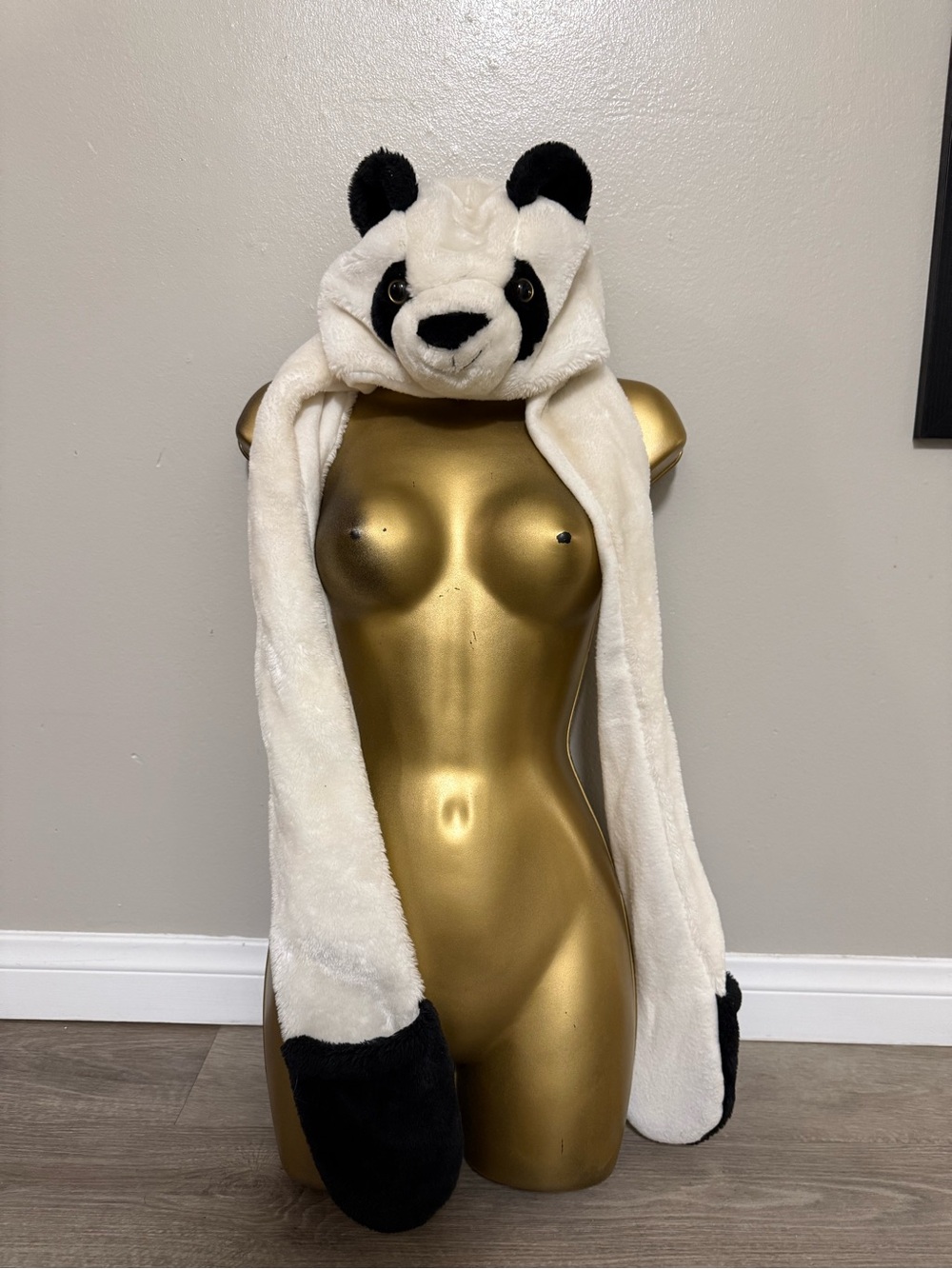 Plush Panda Hooded Scarf - White and Black
